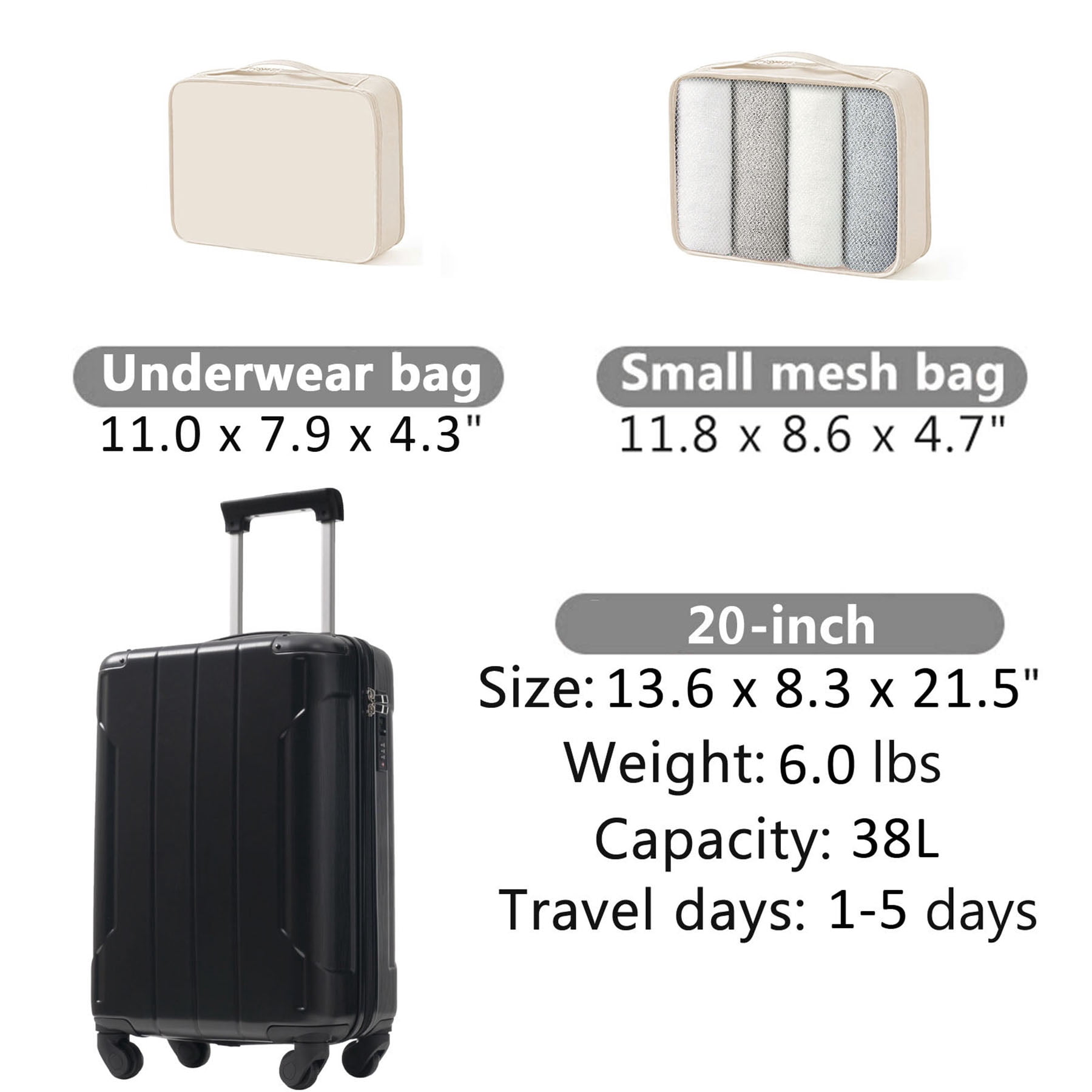S-HOME Lightweight 20-Inch Hardshell Carry-On Luggage With Spinner Wheels, ABS Material, TSA Lock & Two Packing Cubes, Black