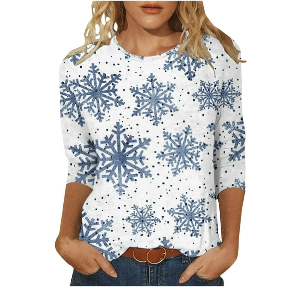 GA WEIHUA Clearance Deals,Christmas Shirts For Women 3/4 Sleeve Crewneck Basic Tees Cute Snowflake Graphic Blouses Tops Casual Shirts christmas shirts(Light Blue,Small)