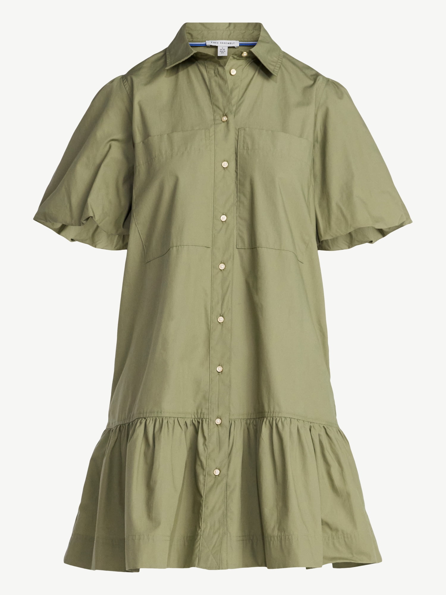 Free Assembly Women’s and Women's Plus Cotton Ruffle Mini Dress with Puff Sleeves, Sizes XS-4X