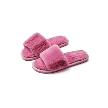 

Daeful Ladies Fuzzy Slippers Slip On Plush Slipper Warm Fluffy Slides Fashion Open Toe Casual Shoes Women Comfort Red Bean Paste 8-9