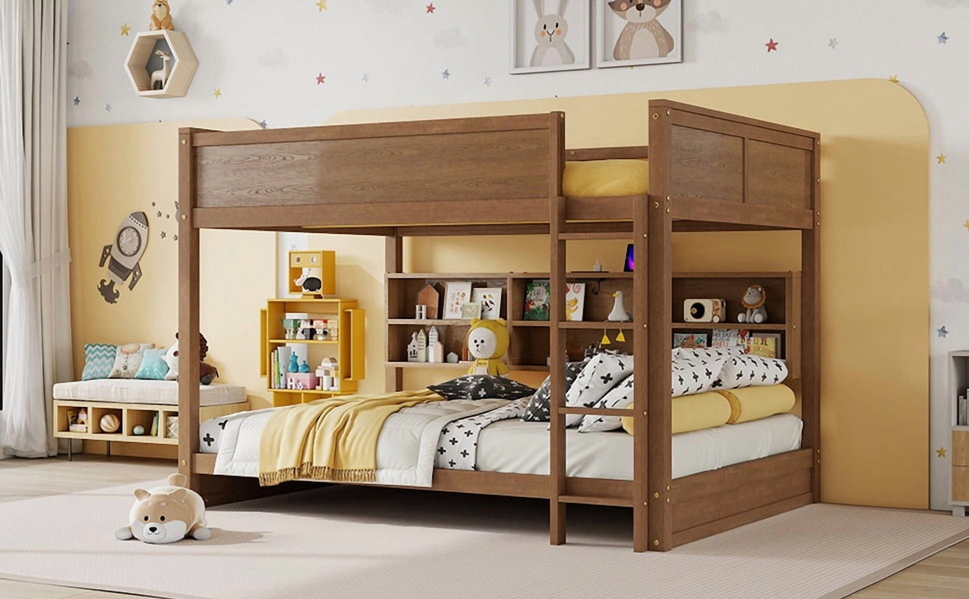 Sailvan Bunk Bed, Solid Pine Wood with Built-in Storage Cabinets, Charging Station