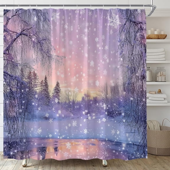 Winter Shower Curtain, Snowy Forest Snowflake Landscape Waterproof Bathroom Curtain with Hooks, Christmas Holiday Bathroom Decor 36"W x 72"H