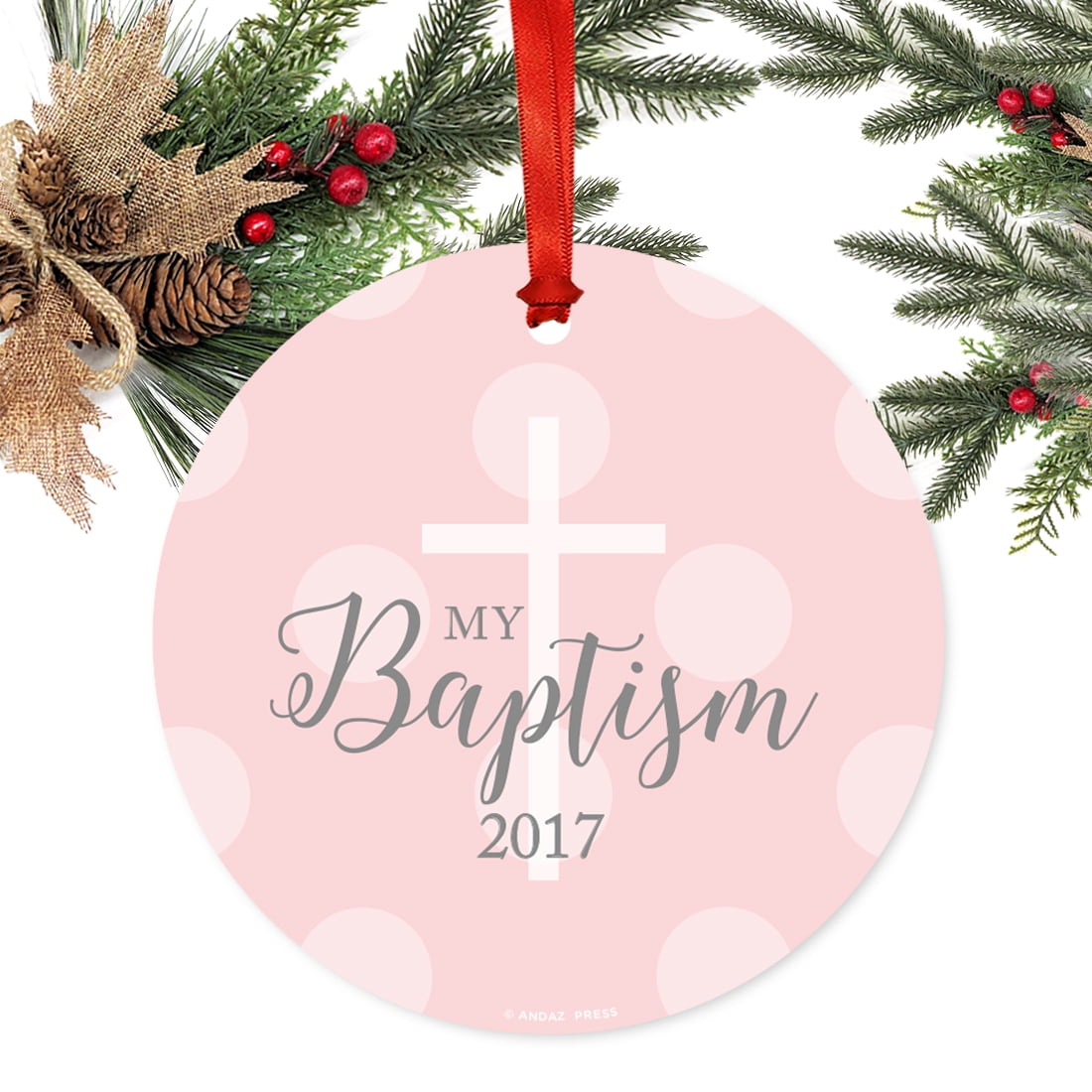 Round Metal Christmas Ornament, My Baptism 2017, Boy, Includes Ribbon and Gift Bag, Present Gift Ideas