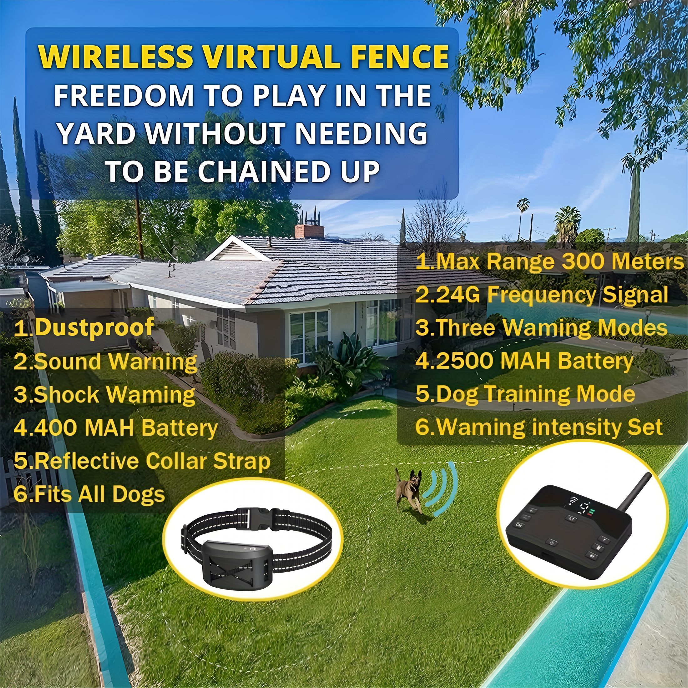 GJX Upgraded Wireless Dog Fence System with 9-Level Remote Control for Three Dog Leashes, Electric Dog Fence and Training Collar, Adjustable Wireless Dog Boundary Containment System