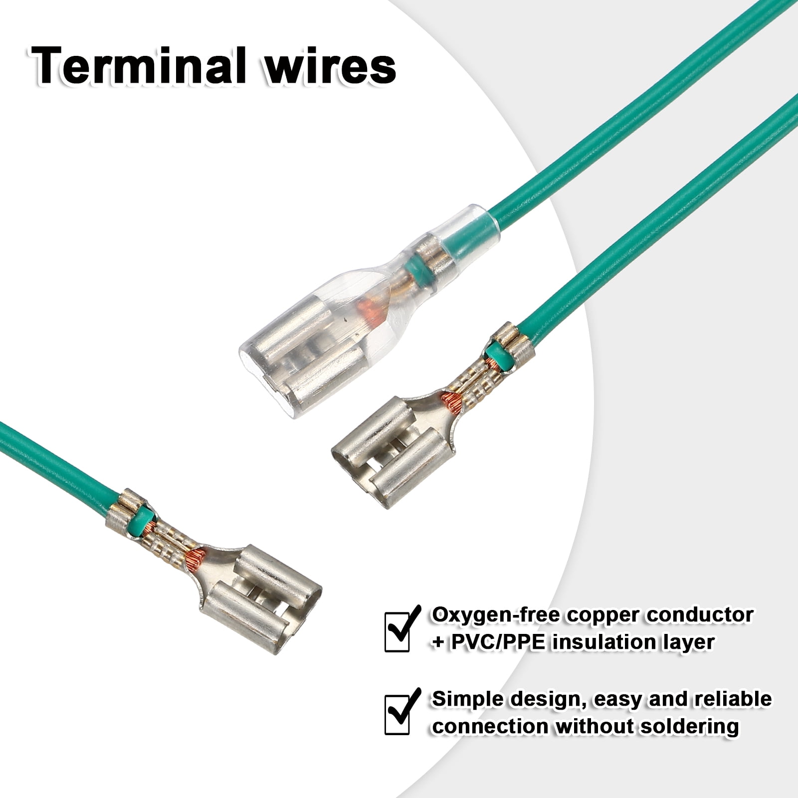 60 Pack Female Spade Crimp Terminal with Insulating Sleeve 6.3mm, Female Spade Quick Connector Assortment Kit with 20cm Wires, Flame Retardant Cover, Green