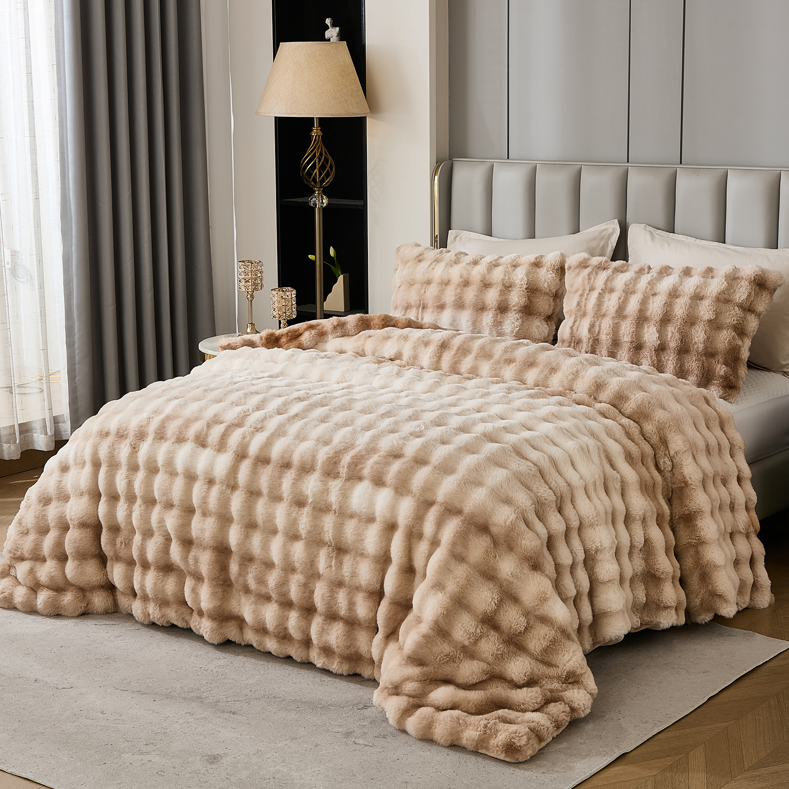Plush Rabbit Faux Fur Comforter Set Queen/King Size Tie Dyed Fluffy Comforter Bed Set Luxury 3 Pieces Warm Shaggy Winter Comforter Queen Size Soft Bubble Bedding Comforter Set