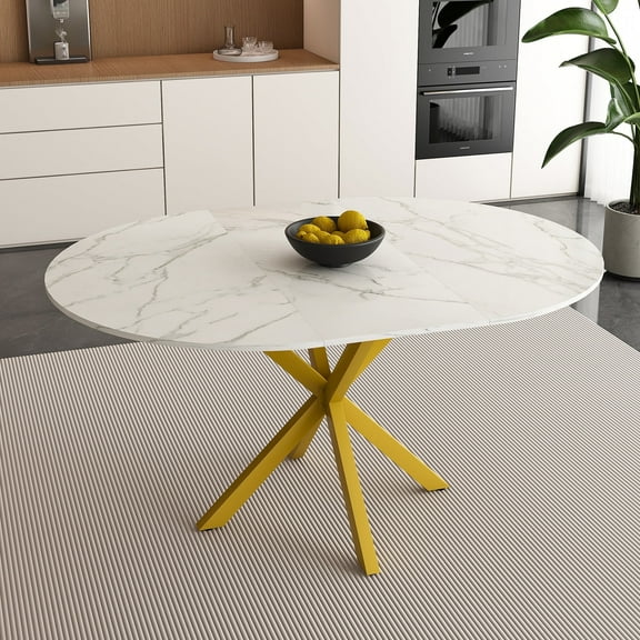 PAPROOS Extendable Dining Table for 4-6, 60'' Expandable Round Dining Room Table with Metal Legs, Faux Marble Kitchen Table for Small Places, Breakfast Nook, White Yellow(only table)