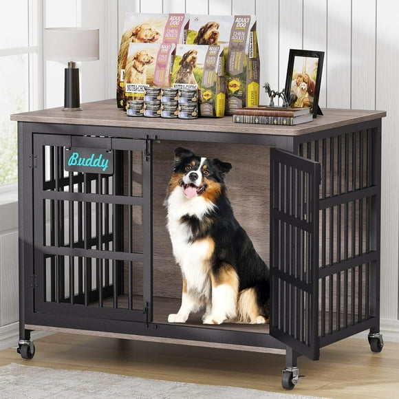 EasyCom Meuble Cage pour Chien TG 42 Pouces/41 Pouces/33 Pouces avec Roulettes, Chenil Intérieur Robuste pour Chiens Grands et Moyens, Cage pour Chien à Double Portes Robuste pour Chien Anxieux, Décorer la Maison comme Meuble Télé, Table de Chevet