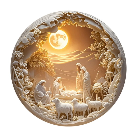 A Wooden Nativity Round Wall Hanging Home Baptism Decor Resurrection Christmas Ornament 8 Inches
