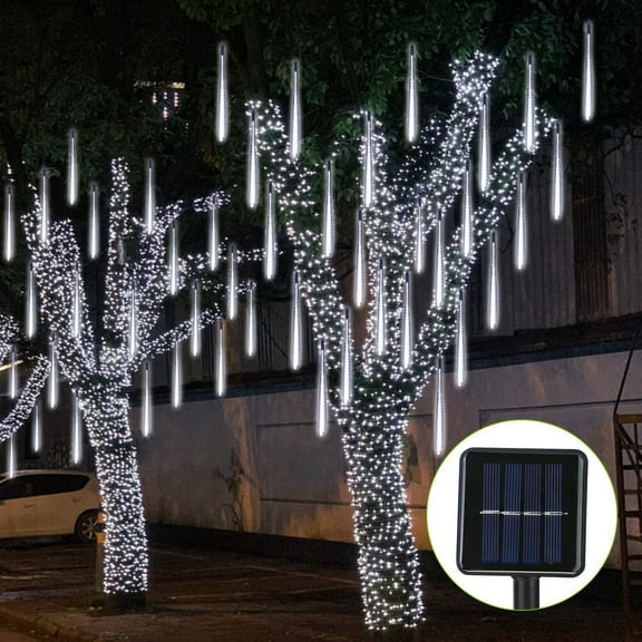 144LED Solar Meteor Shower String Lights, 12in Waterproof Xmas Decoration Light Falling String Lights for Wedding Party Christmas Lights, Cold White, 8Tube