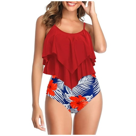 Abcnature Women s Bikini Swimsuits Sets  Thong Bikini Sets High Waisted Two Piece Ruffled Flounce Top With Ruched Bottom Swimwear Bikini Sets for Women Red S