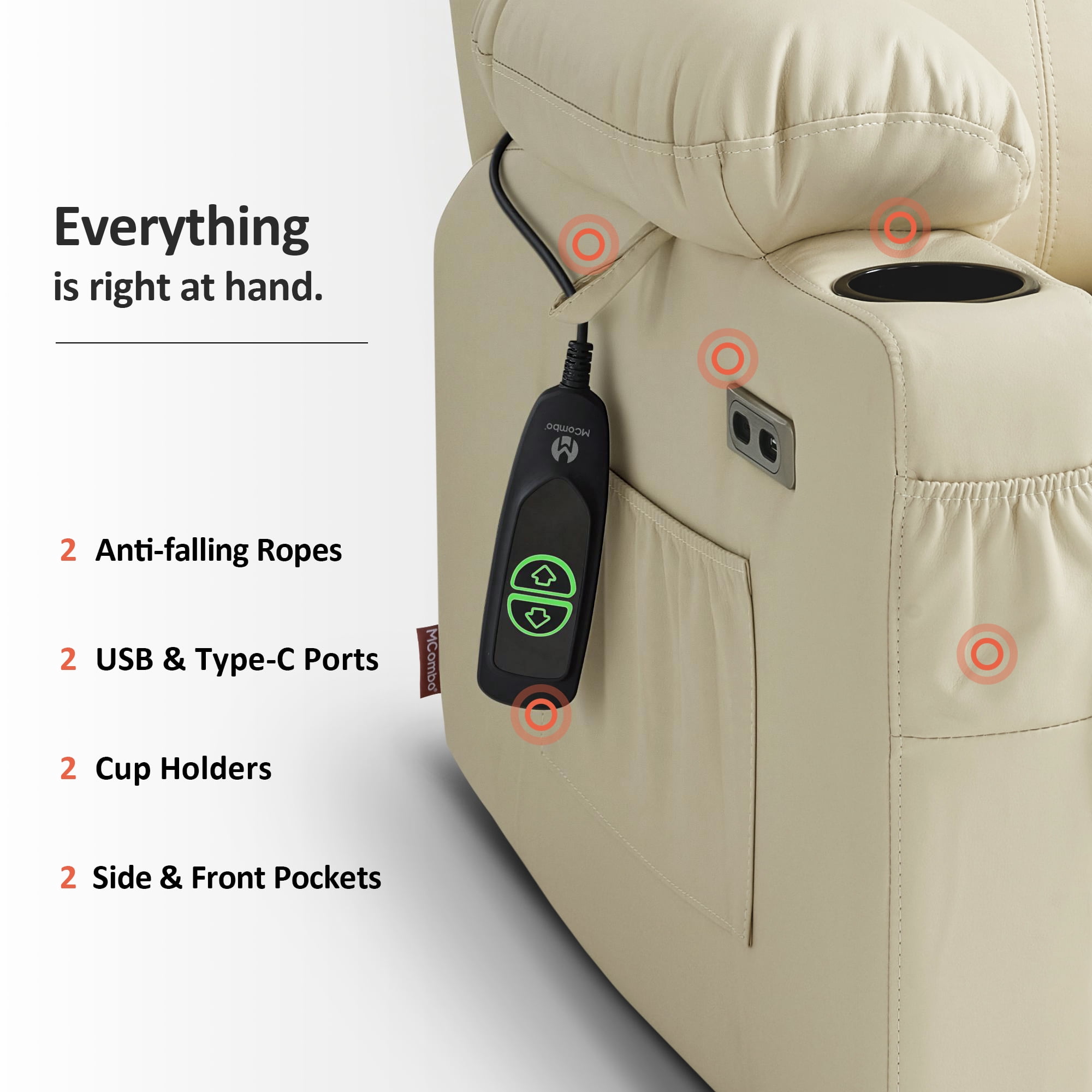 MCombo Electric Power Lift Recliner Chair Sofa with Massage and Heat for Elderly, 3 Positions, 2 Side Pockets, and Cup Holders, USB Ports, Faux Leather 7141 Cream White, Small