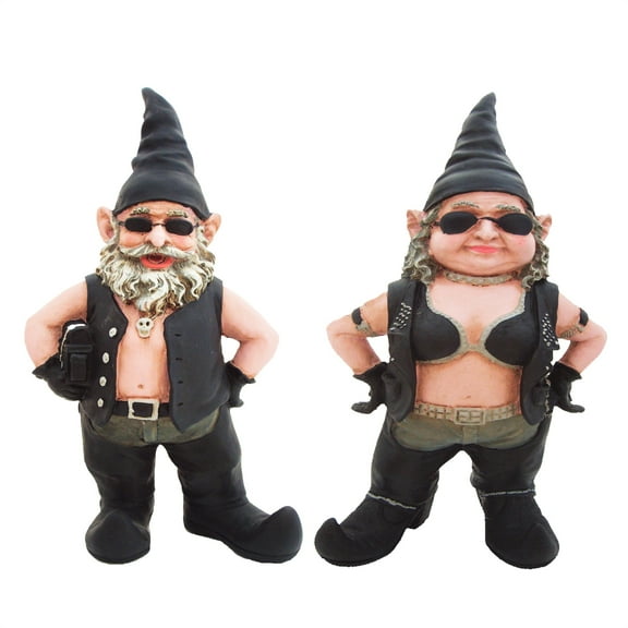Homestyles "Biker Dude & Babe" the 14.5"H Biker Gnome in Leather Motorcycle Riding Gear Large Outdoor Garden Statue