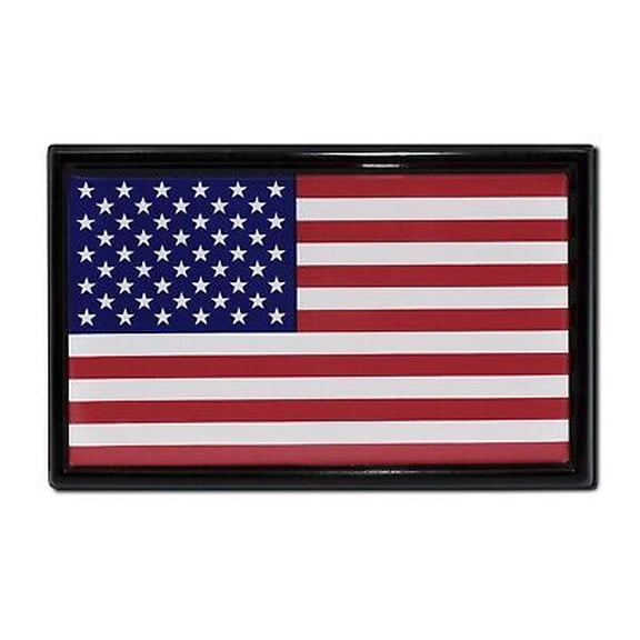 U.S.A. Flag with Black Frame All Metal Chrome Emblem | SUV Size at 3.8" x 2.5" | All Weather