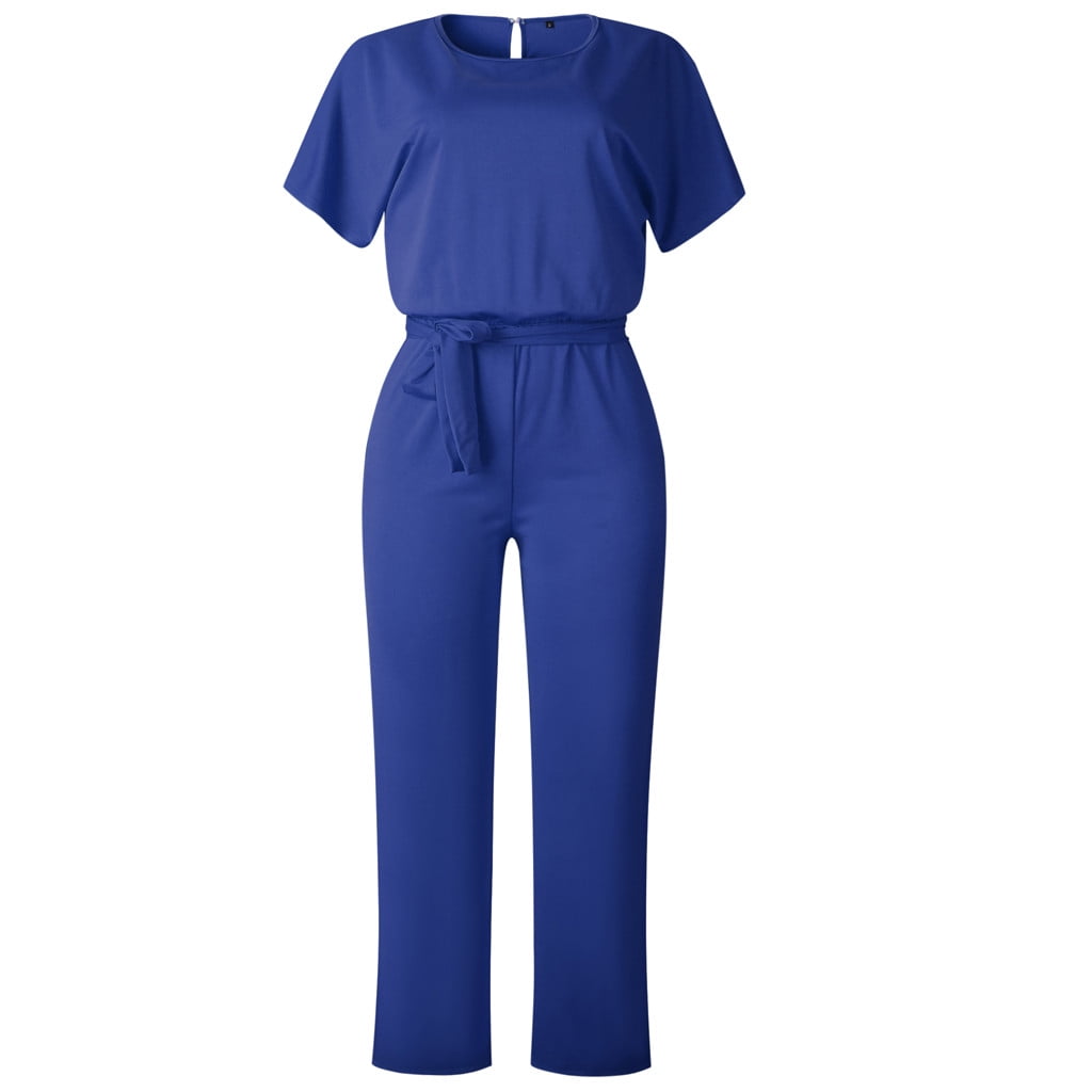 Lolmot Formal Jumpsuits for Women Casual Solid Short Sleeve Playsuit Clubwear Straight Wide Leg Jumpsuit with Belt
