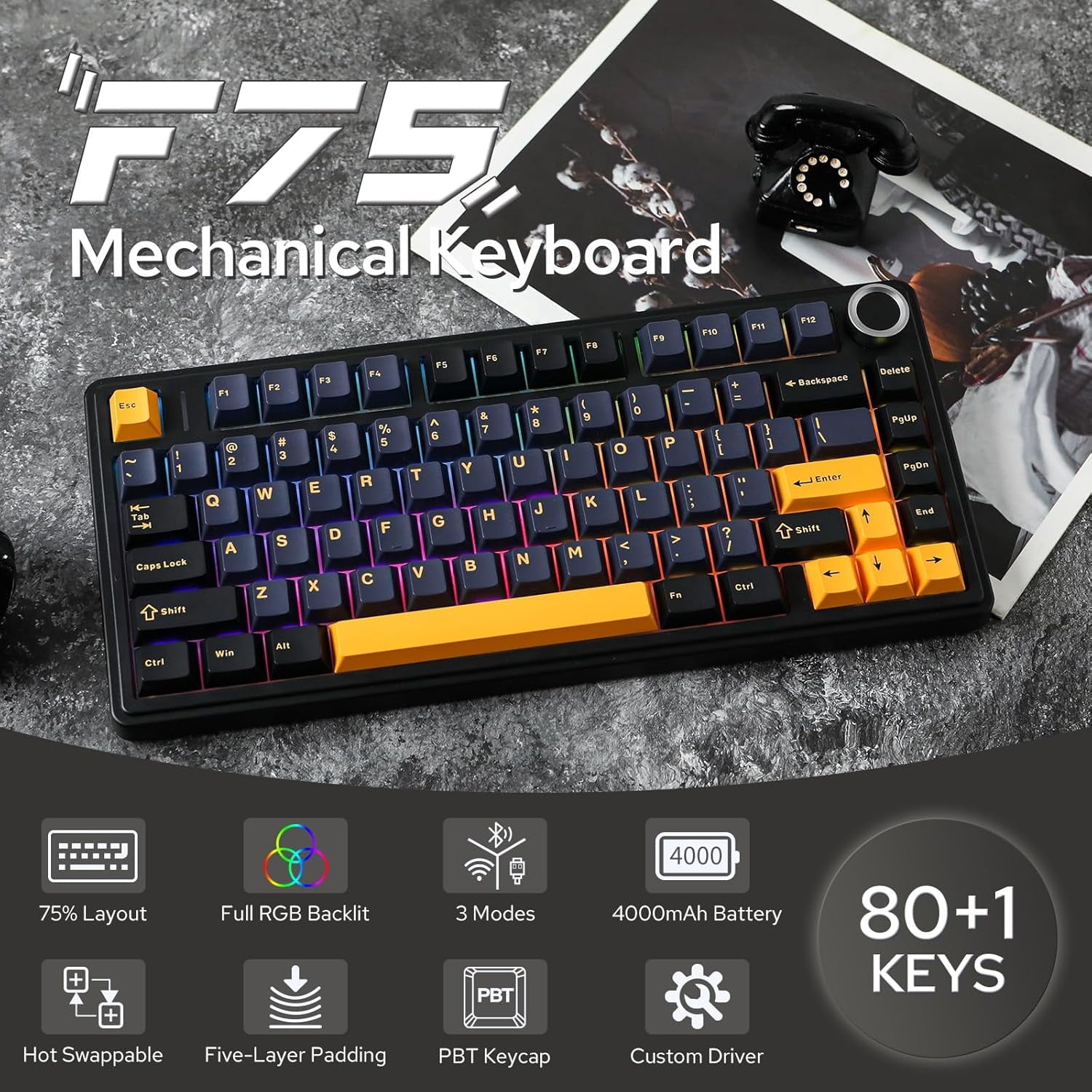 AULA F75 81-Key Wireless Hot Swappable Mechanical Gaming Keyboard, RGB, Knob, 4000 mAH Battery, Normal/ Patterned Keycap