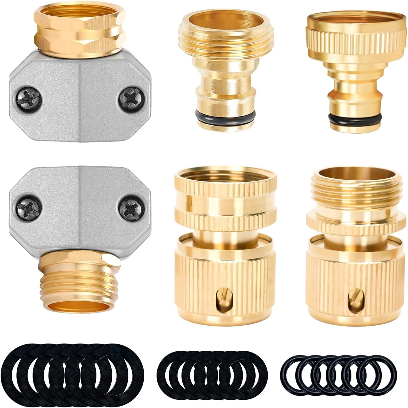 HRTGFD-Garden Hose Quick Connect Repair Kit, Brass Garden Hose End Repair 3/4 Inch GHT Male and Female Hose Quick Connector Repair Fittings for Water Hose 5/8" and 3/4"