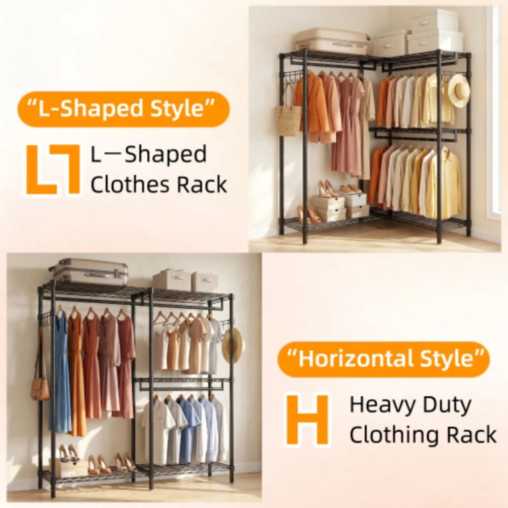 L-Shaped Garment Rack for Corner, Heavy Duty Clothes Rack with 5 Adjustable Shelves, 3 Hanging Rods & Side Hooks, Freestanding Clothing Organizer, Black