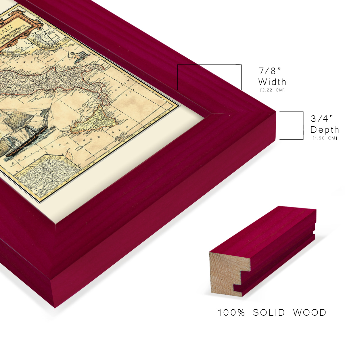Italy Map -Framed Print w/glass-Cherry Red