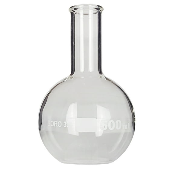 Flask, Flat-Bottom Florence Boiling Flask, Standard Neck, 500ml capacity. Made from Borosilicate Glass. A good fit for any laboratory, science classroom, or homeschool.