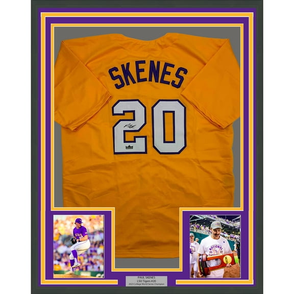 Framed Facsimile Autographed Paul Skenes 35x39 LSU Yellow Reprint Laser Auto College Baseball Jersey