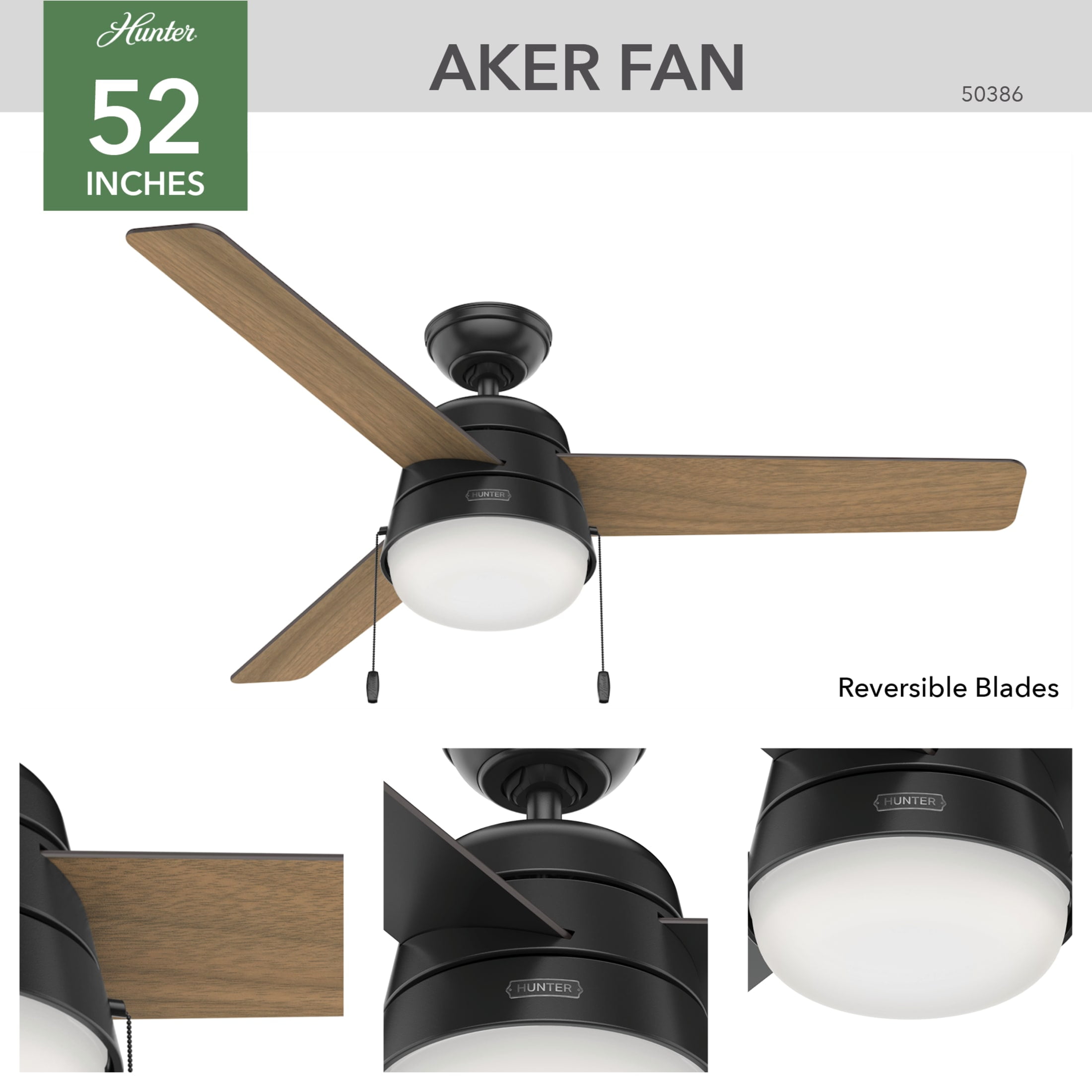 Hunter 52 inch Outdoor or Indoor Ceiling Fan with LED Light and Pull Chain - Black Modern Ceiling Fan, Standard Mount, 3 Blades, For Patio, Porch, Garage, or Living Room - Aker 50386, Matte Black