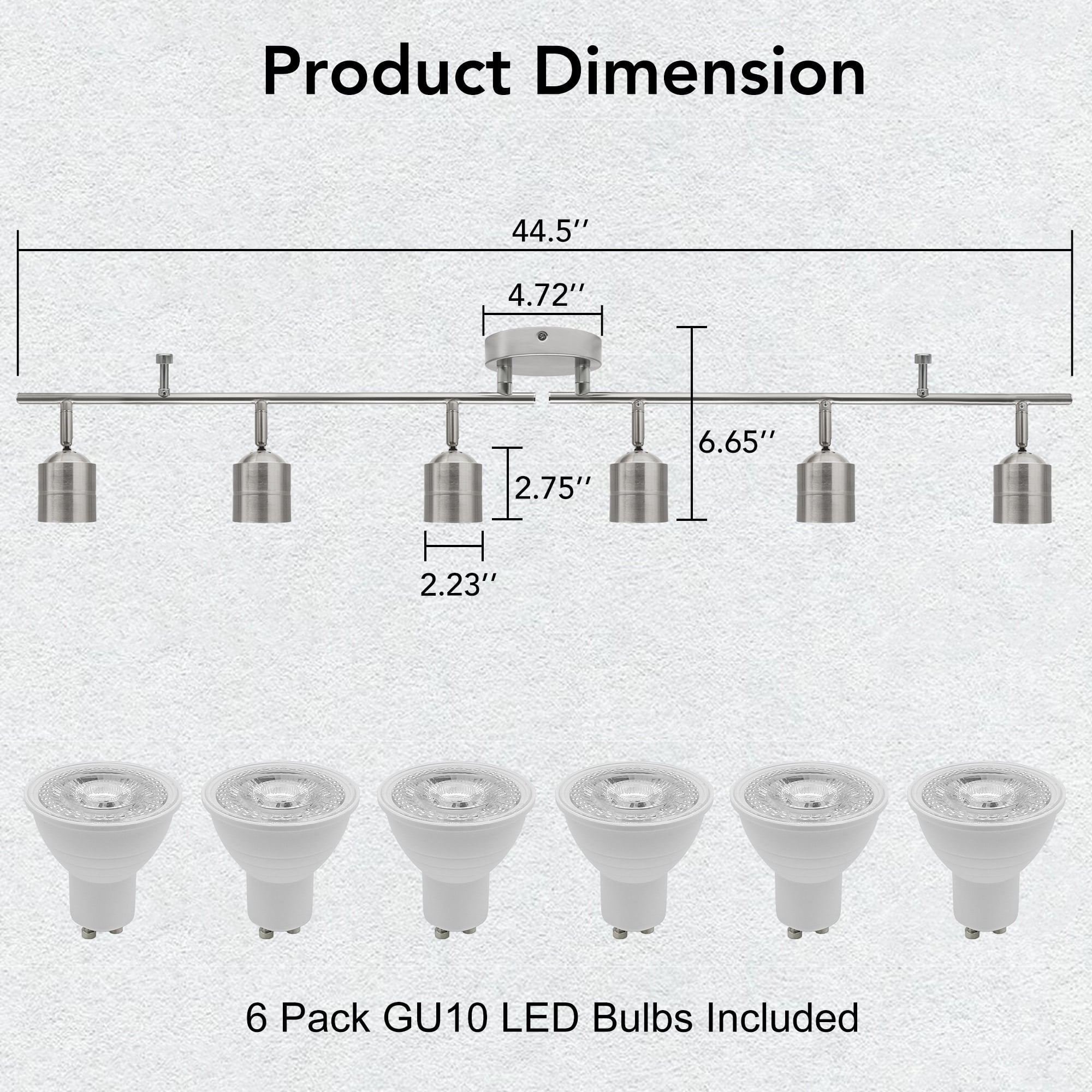 Mingbright 6-Light Brushed Nickel Track Lighting Kit with GU10 LED Bulbs - 44.5” Adjustable Ceiling Spotlight Fixture, 270° Swivel & 90° Tilt for Kitchen, Living Room, Dining Room, Gallery Display