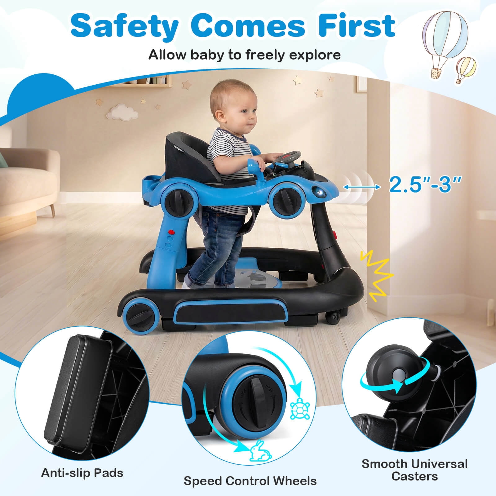 Babyjoy 6-in-1 Baby Walker with Canopy, Music, Lights, Speed/Height Adjustment & Wheels Blue + Black