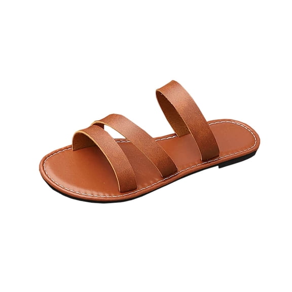 Narveanno Women's Cross Strappy Leather Flats Sandal Cute Dressy Toe Ring Open Toe Slip on Slide Sandals Brown 8.5