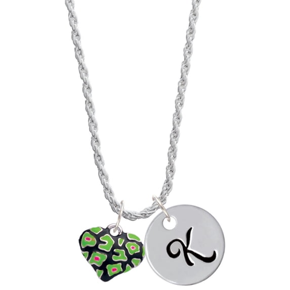 Delight Jewelry Silvertone Lime Green Cheetah Print Heart Silvertone Script Initial Disc - K - Charm Necklace, 20"+3"
