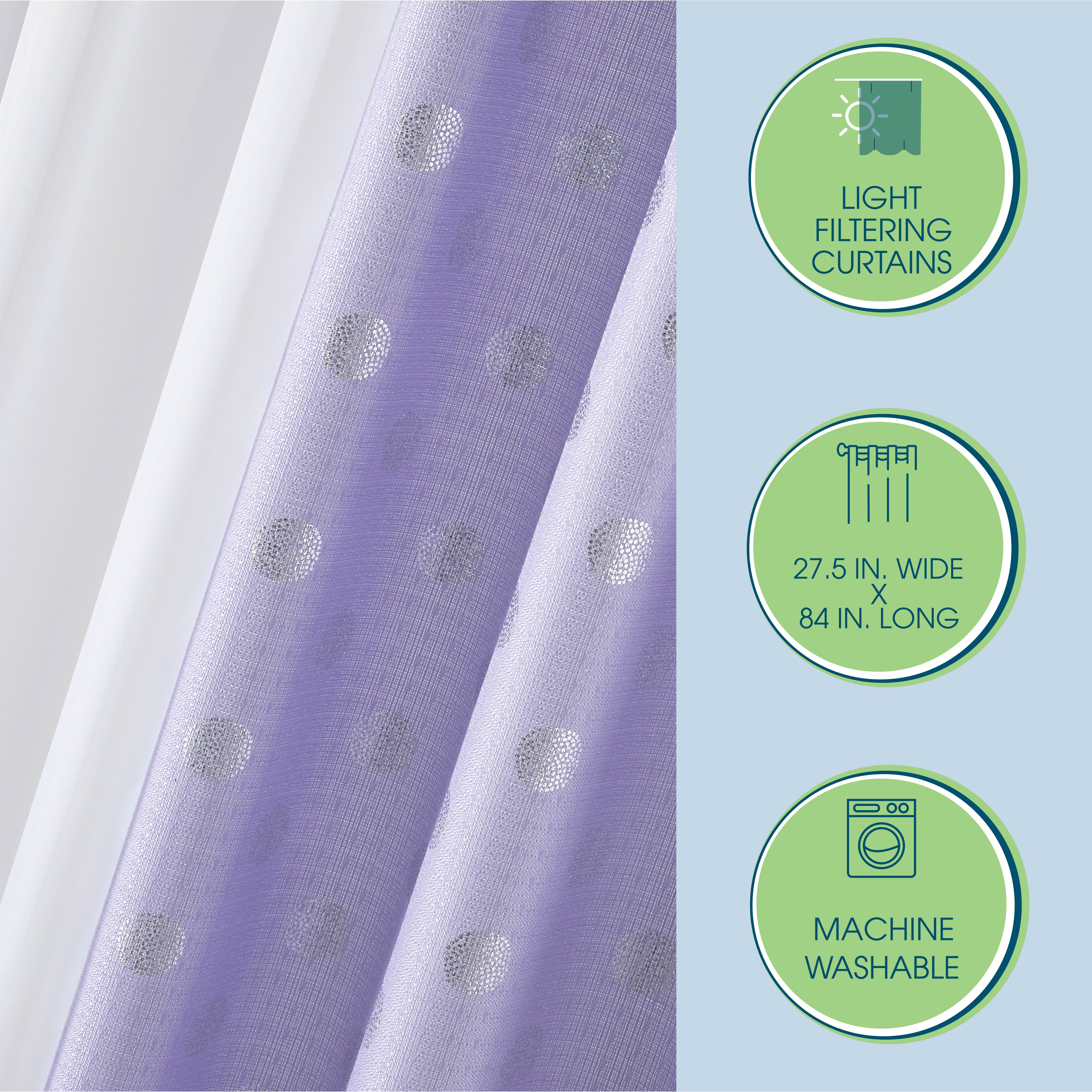 (2 pack) Your Zone Curtain and Sheers Panel Set, 4-Piece, Foil Polka Dot Purple, 27.5" W x 84" L