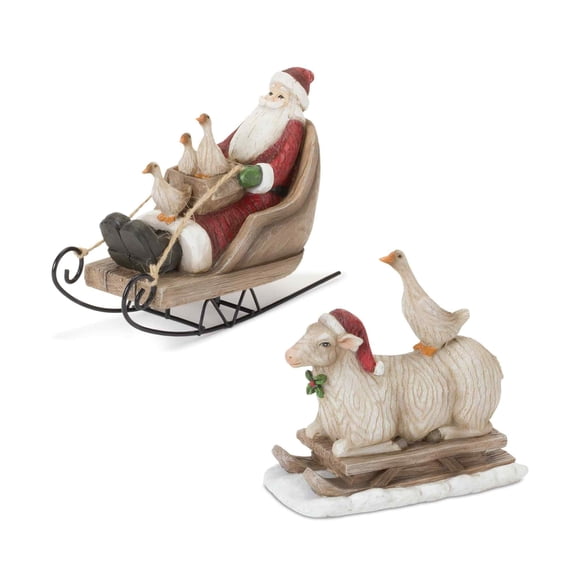 Melrose Set of 2 Farmhouse Santa on Sled Tabletop Christmas Figurines 5.5"