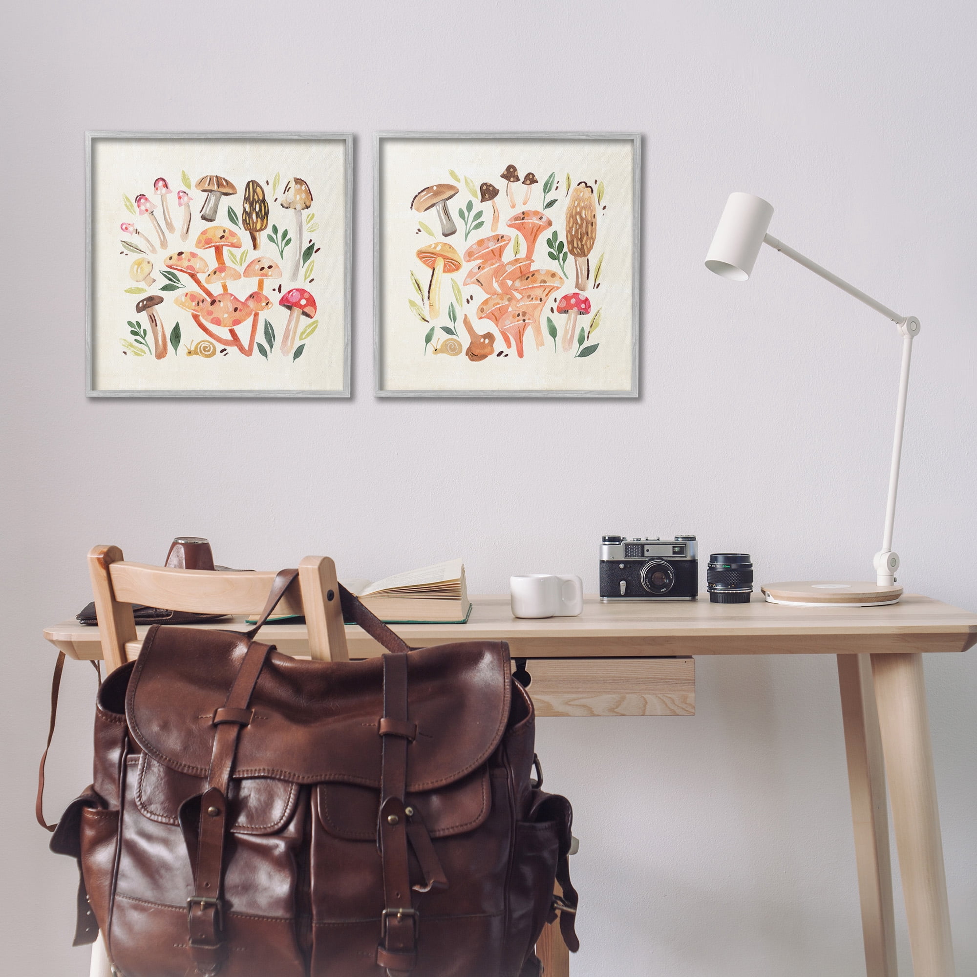 Stupell Industries Mushroom & Leaves Pattern Botanical & Floral Painting Gray Framed Art Print Wall Art, 17 x 17, Set of 2