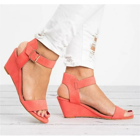 

Women s Ladies Fashion Solid Wedges Heel Buckle Strap Roman Shoes Sandals