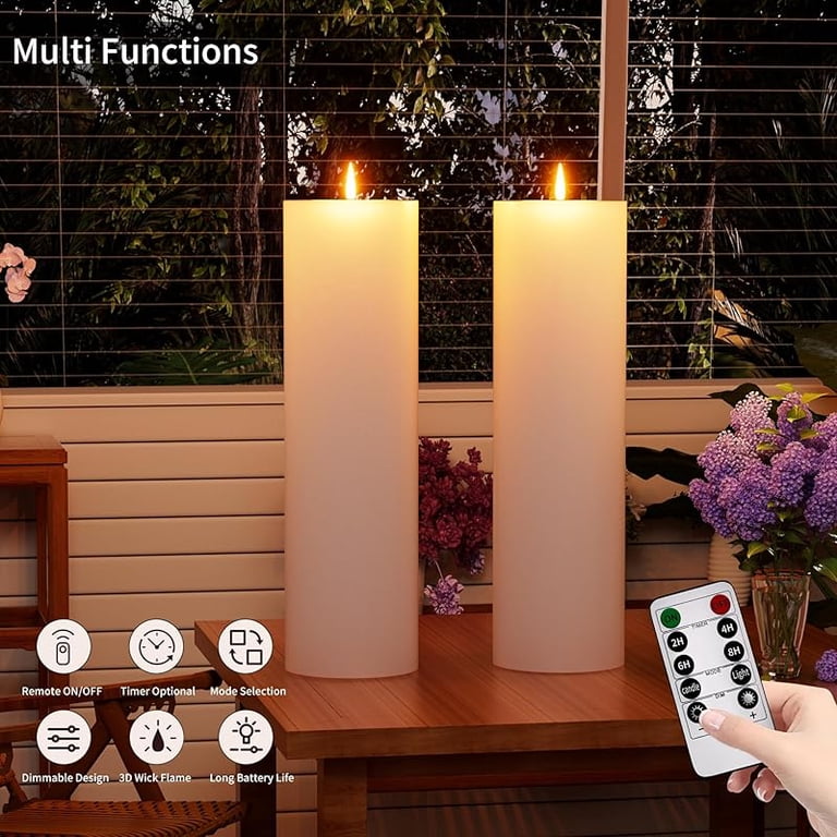 2-Pack 14x4 Inch Outdoor Flameless Candles With Remote – Battery Operated, IP65 Waterproof, Timer, 3D Flickering LED For Patio, Porch, Lanterns (Ivory)