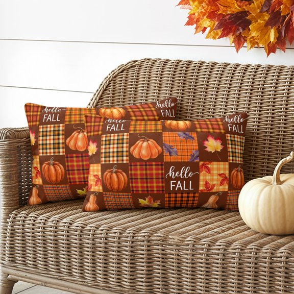 Waterproof Throw Pillow Covers 20x12 Set of 2, Thanksgiving Pumpkins Autumn Maple Leaves Outdoor Pillowcases, Burnt Orange Plaid Decorative Cushion Covers for Patio Garden Sofa Couch