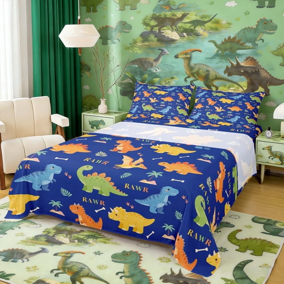 Erosebridal Dinosaur Full Size Sheets for Kids Boys, Funny Wildlife Bed Sheets, 4pcs (1 Flat Sheet, 1 Fitted Sheet and 2 Pillowcases)