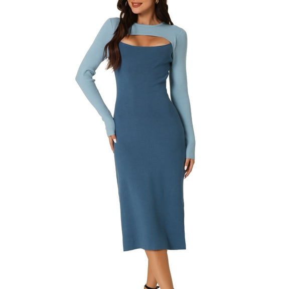 DARING DIVA Crew Neck Stretch Cutout Midi Sweater Dress S Blue-Dark