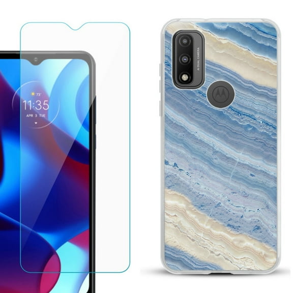 Slim-Fit Gel TPU Phone Case for Motorola Moto G Pure, with Tempered Glass Screen Protector, by OneToughShield ® - Marble/ Marina Blue