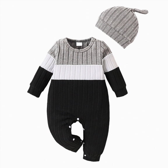 Newborn Boy Romper Letter Embroidery Round Neck Jumpsuit with Hat