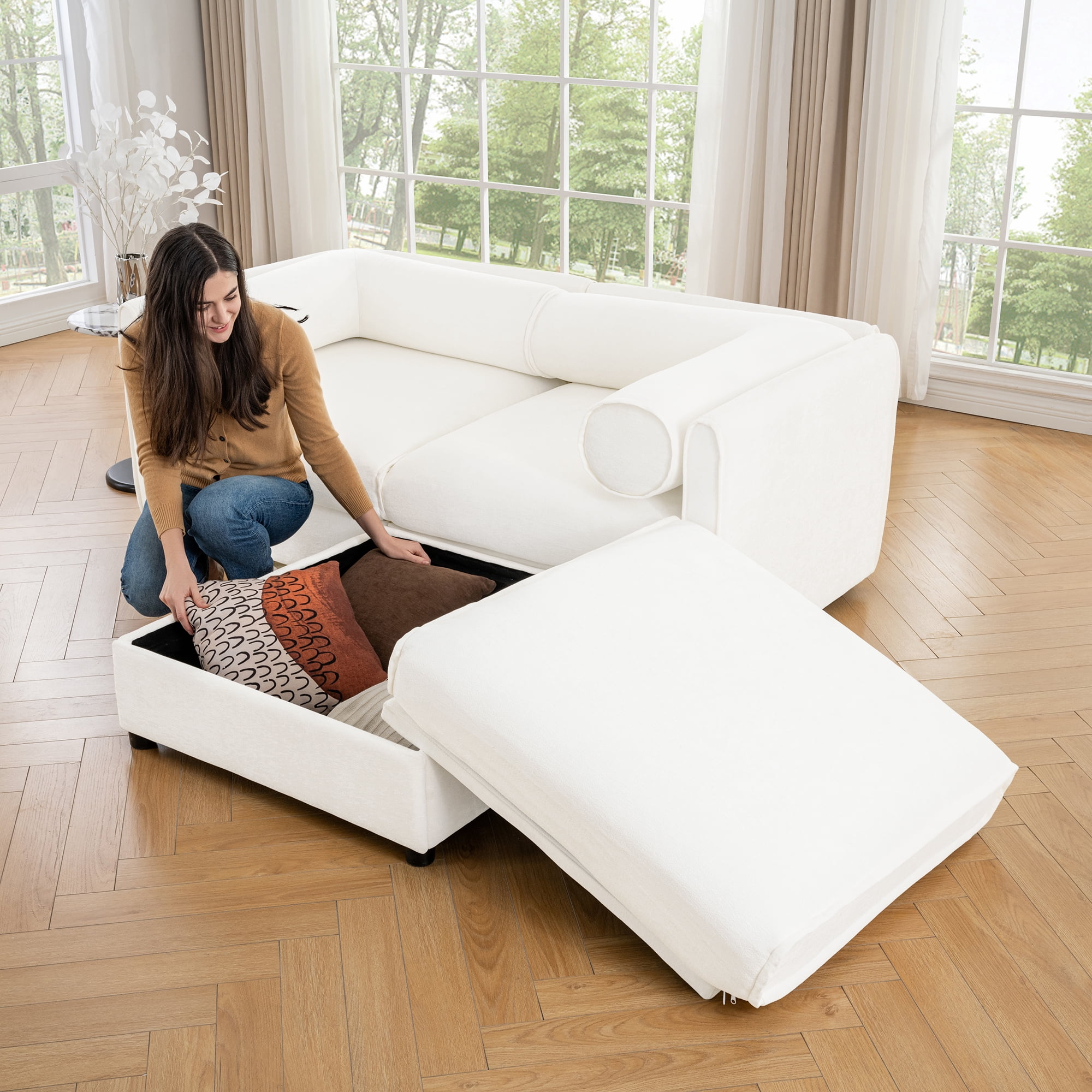 Gewnee Modern Stylish 75.5" Deep Seat White Chenille 2- Seaters Sofa Couch,Loveseat with Ottoman Hidden Storage Seat, Cylindrical Backrest and Armrests Sofa