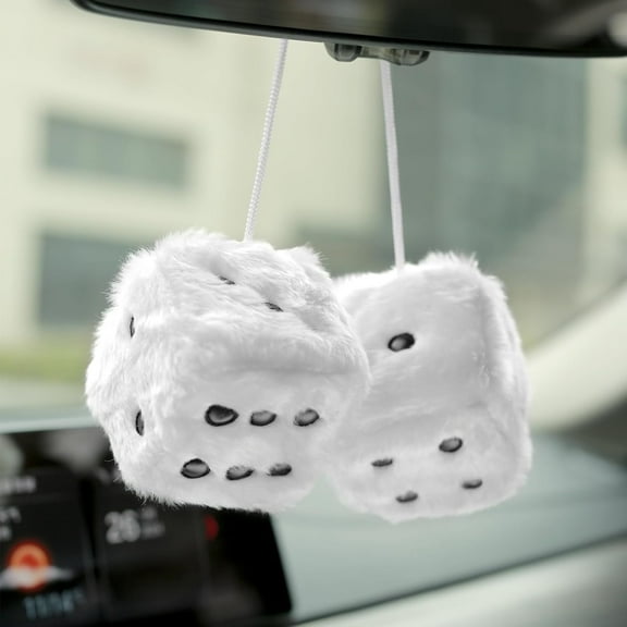 White Fuzzy Dice for Rear View Mirror, Pair of 2.75" Plush Dice Retro Hanging Ornaments Car Interior Rearview Mirror Decor Accessories (White)