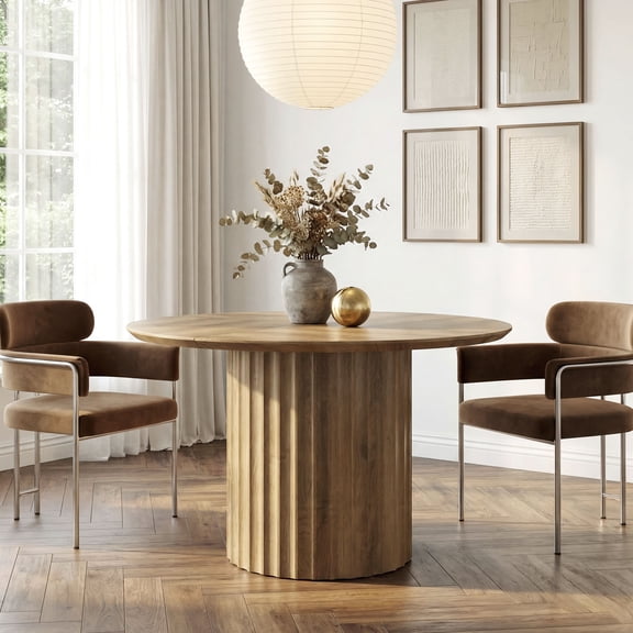 Farmhouse Wood Round Dining Table for 4-6, 47-inch Modern Kitchen Table with Fluted Pedestal Base, for Dining Room, Kitchen & Living Room, Brown