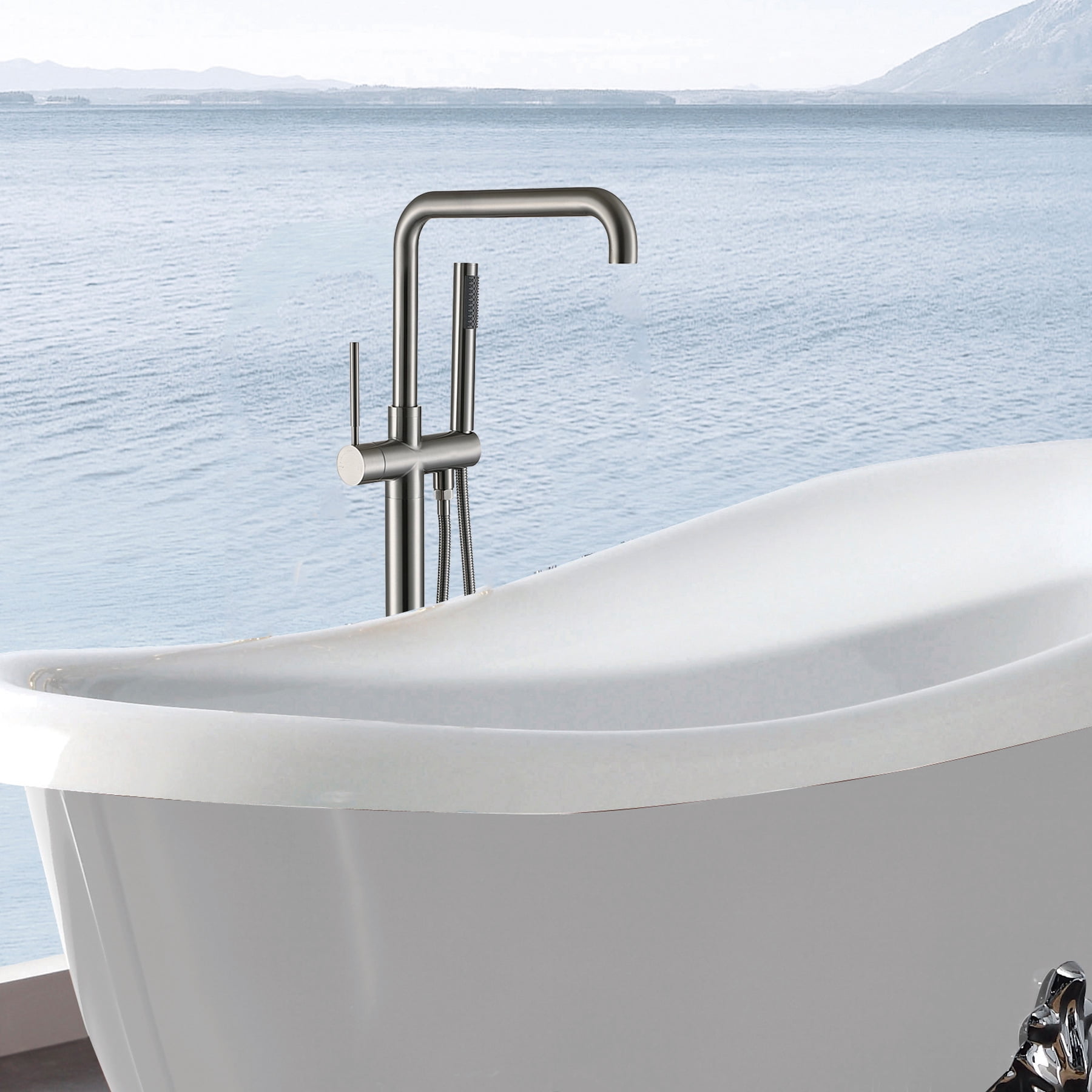Freestanding Bathtub Faucet, Floor Mount Bathtub Faucet with 2 Water Outlet Modes, Sivwel Gooseneck Spout with Hand Shower,Stainless steel Single Handle Tub Filler Freestanding Bathtub Faucet, r
