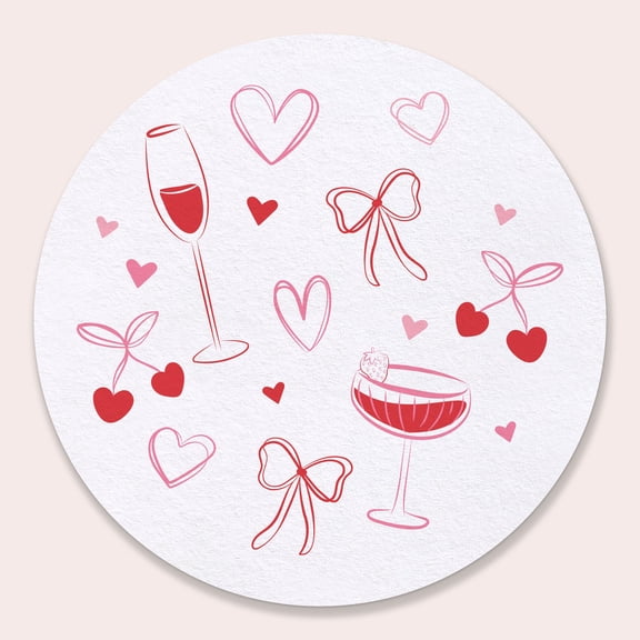 Big Dot of Happiness 25 Ct Drinks with the Girls Coasters, 4-Inch Disposable Round Paper Coasters, Red & Pink Bows, Hearts, Cherries, Galentine’s Day or Birthday Party