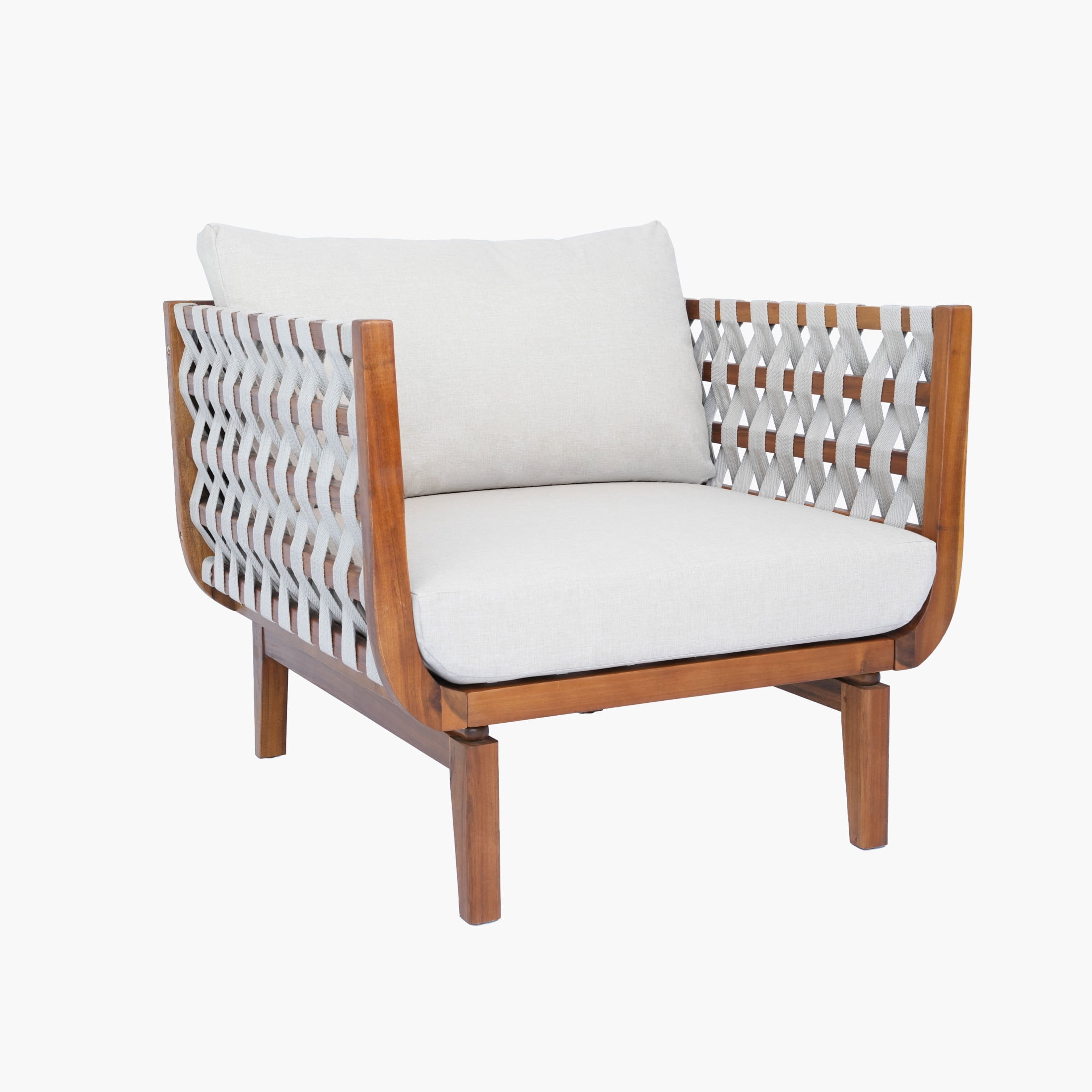 Christopher Knight Home 31.3" Acacia Wood Outdoor Club Chair, Rope Patio with Cushions, Teak+Beige