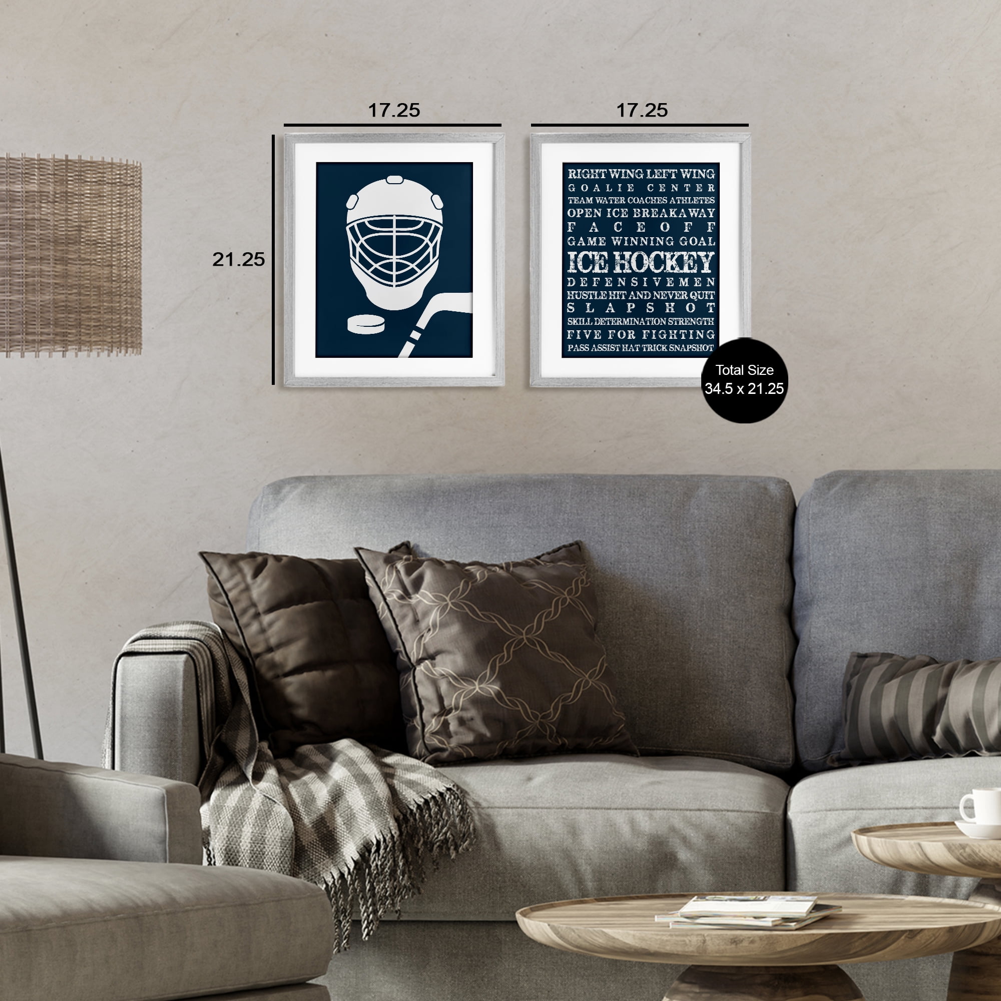Stupell Industries Hockey Equipment & Phrases 2 Piece Gray Framed Print Under Glass Set, design by Melody Hogan