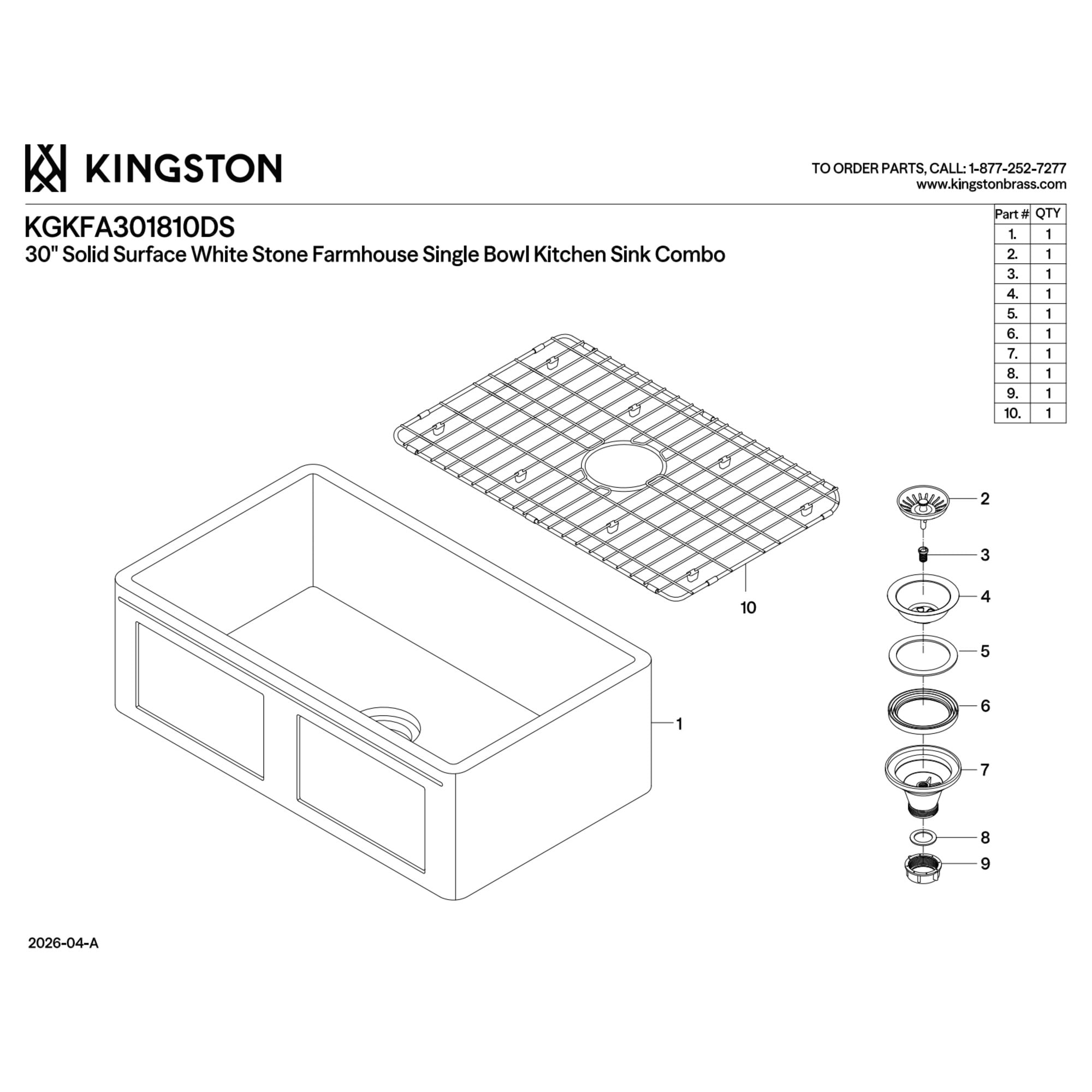 Gourmetier KGKFA301810DS Arcticstone 30-Inch Solid Surface White Stone Apron-Front Single Bowl Farmhouse Kitchen Sink with Strainer and Grid in Matte White/Brushed