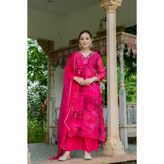 Elegant Red- Pink A-Line Kurta Set With Embroidered V-Neck And Abstract Floral Print