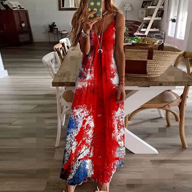 SMihono Robe Maxi Bohème d'Été pour Femmes Grande Taille Robe Longue Sans Manches Imprimée Jour de l'Indépendance Robe de Plage